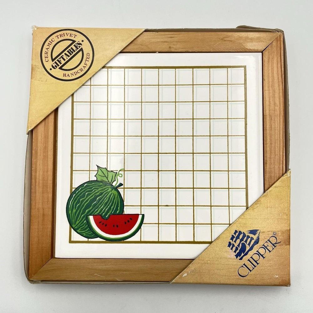 Vintage 1970s Clipper Ceramic Trivet Wall Plaque Watermelon Wood Frame‎